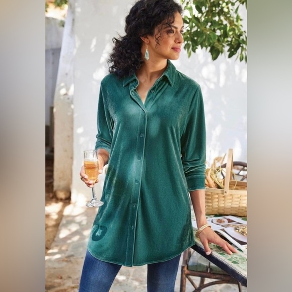 Soft Surroundings Velvet Boyfriend Tunic Shirt - Teal - Medium - Picture 3 of 13